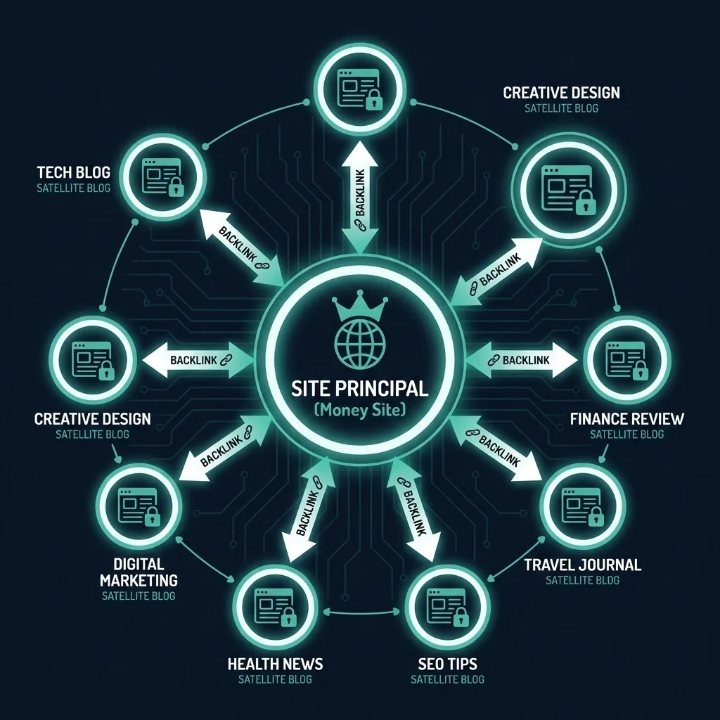 [image : Illustration schématique d'un réseau PBN avec un site principal au centre connecté à plusieurs blogs satellites par des flèches représentant les backlinks, style infographie moderne sur fond sombre]