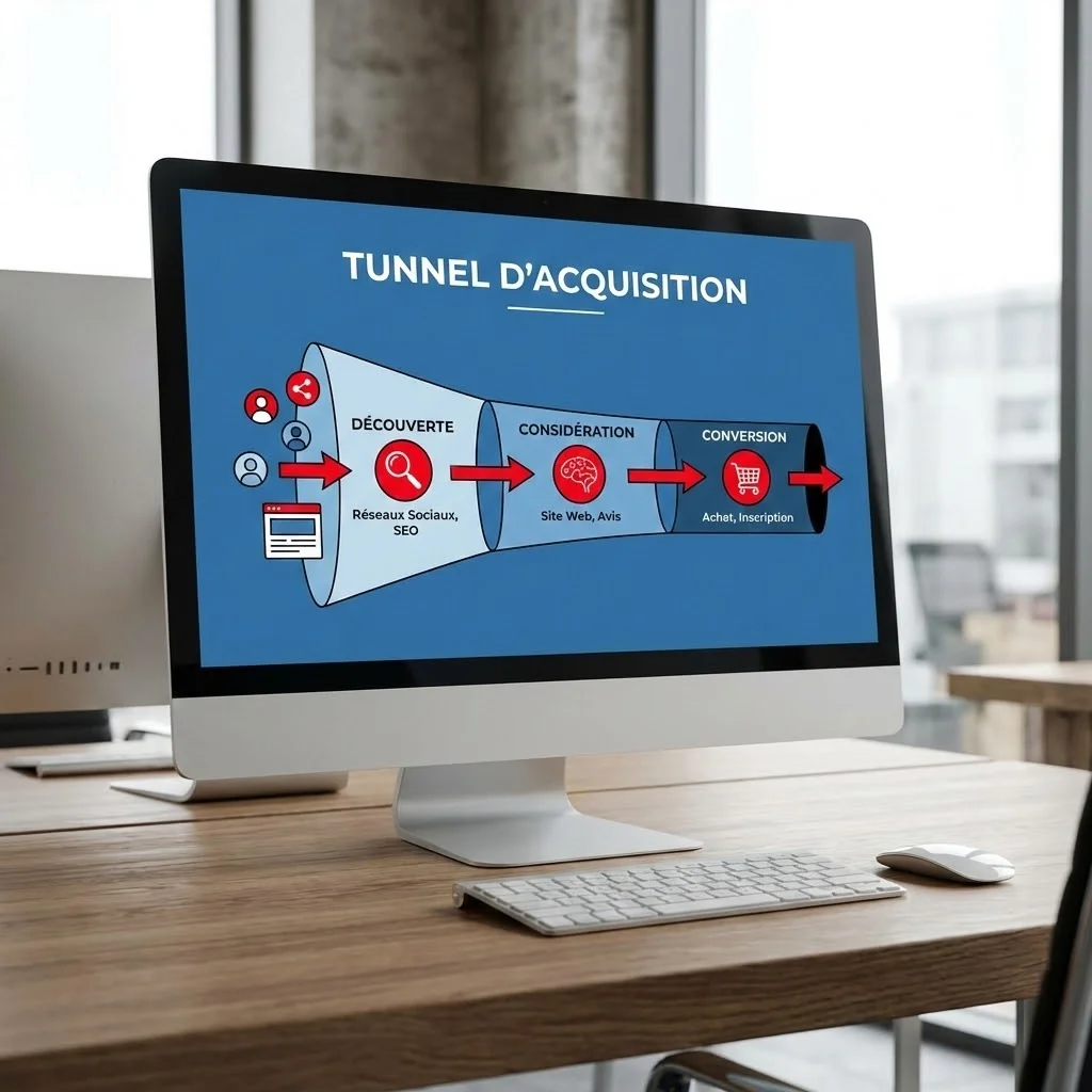 [image : Illustration schématique d'un tunnel d'acquisition avec les étapes découverte, considération, conversion sur fond bleu corporate, style flat design moderne]