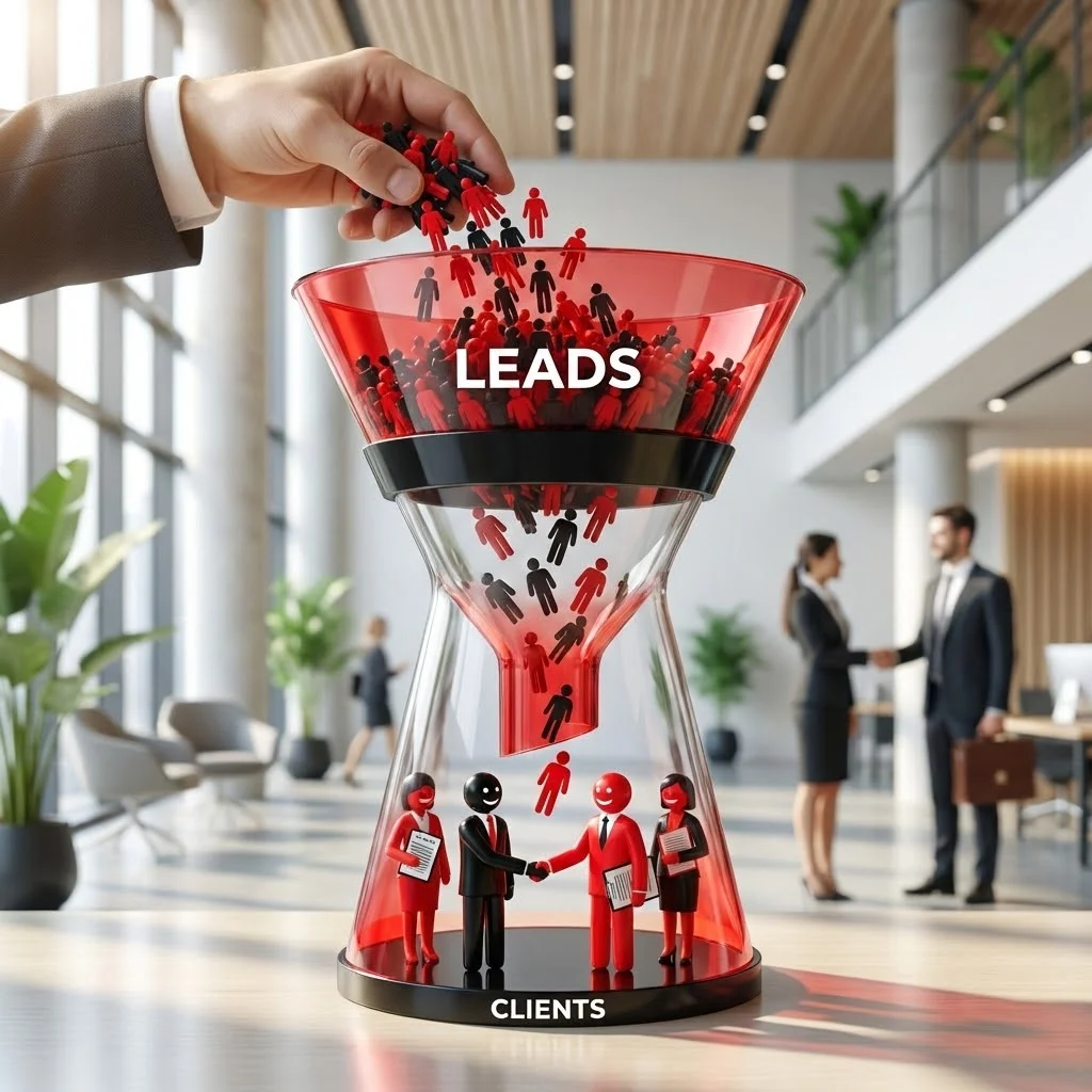 [image : illustration schématique d'un tunnel de prospection en forme d'entonnoir avec des leads entrant en haut et des clients sortant en bas, style business moderne, couleurs bleu et orange]