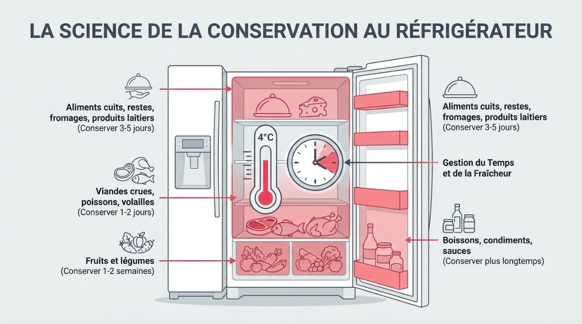 [image : Infographie claire montrant un réfrigérateur avec thermomètre à 4°C et horloge symbolisant la conservation, style moderne et informatif]