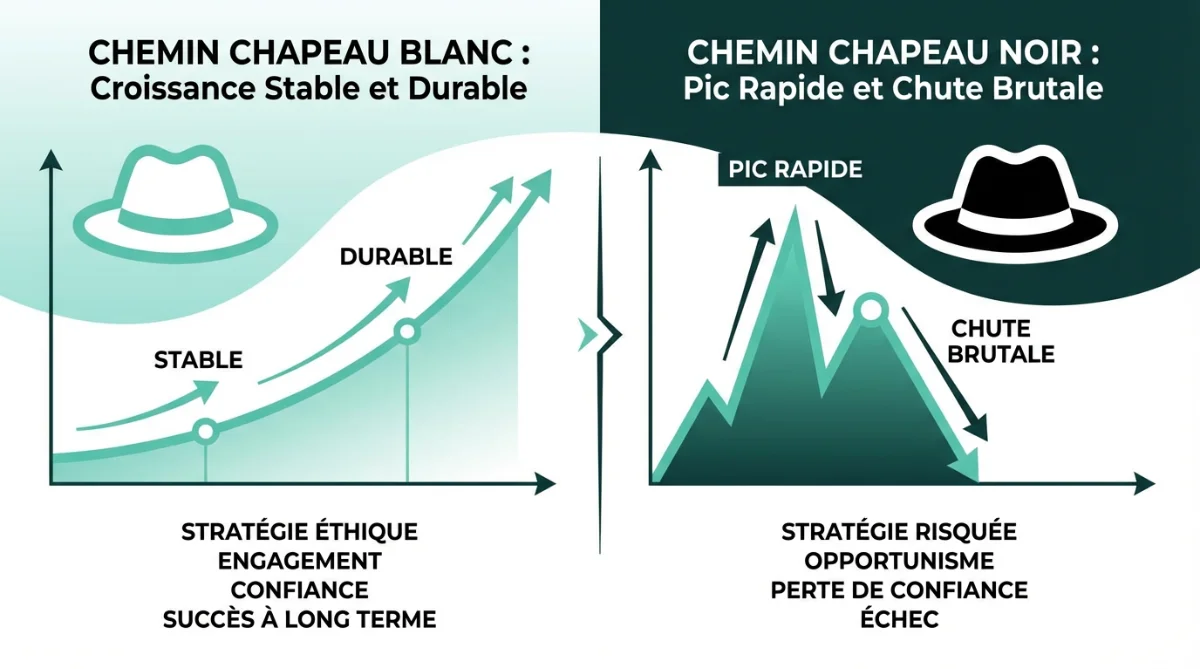 [image : Infographie comparative montrant deux chemins : à gauche un chapeau blanc avec une courbe de croissance régulière et stable, à droite un chapeau noir avec une courbe en pic puis chute brutale, style schématique moderne]