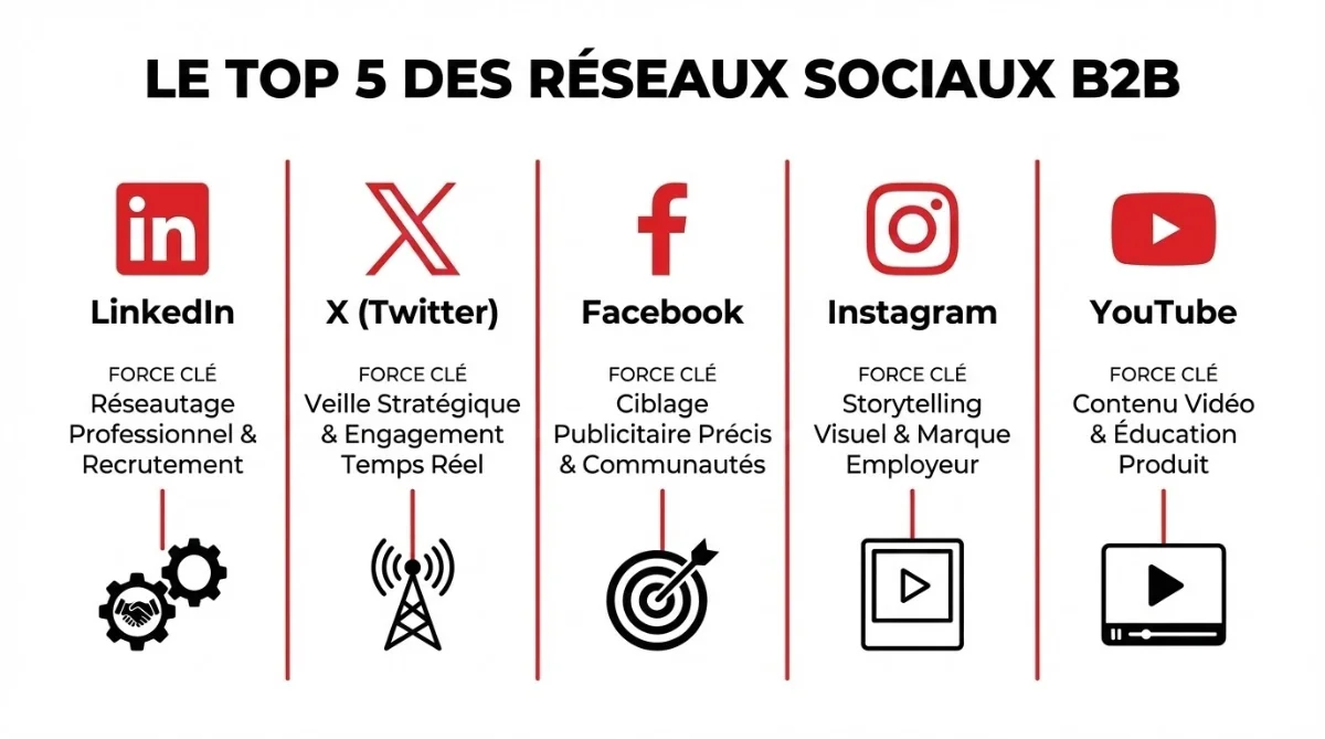 [image : Infographie des 5 réseaux sociaux B2B avec leurs logos et points forts, design épuré]