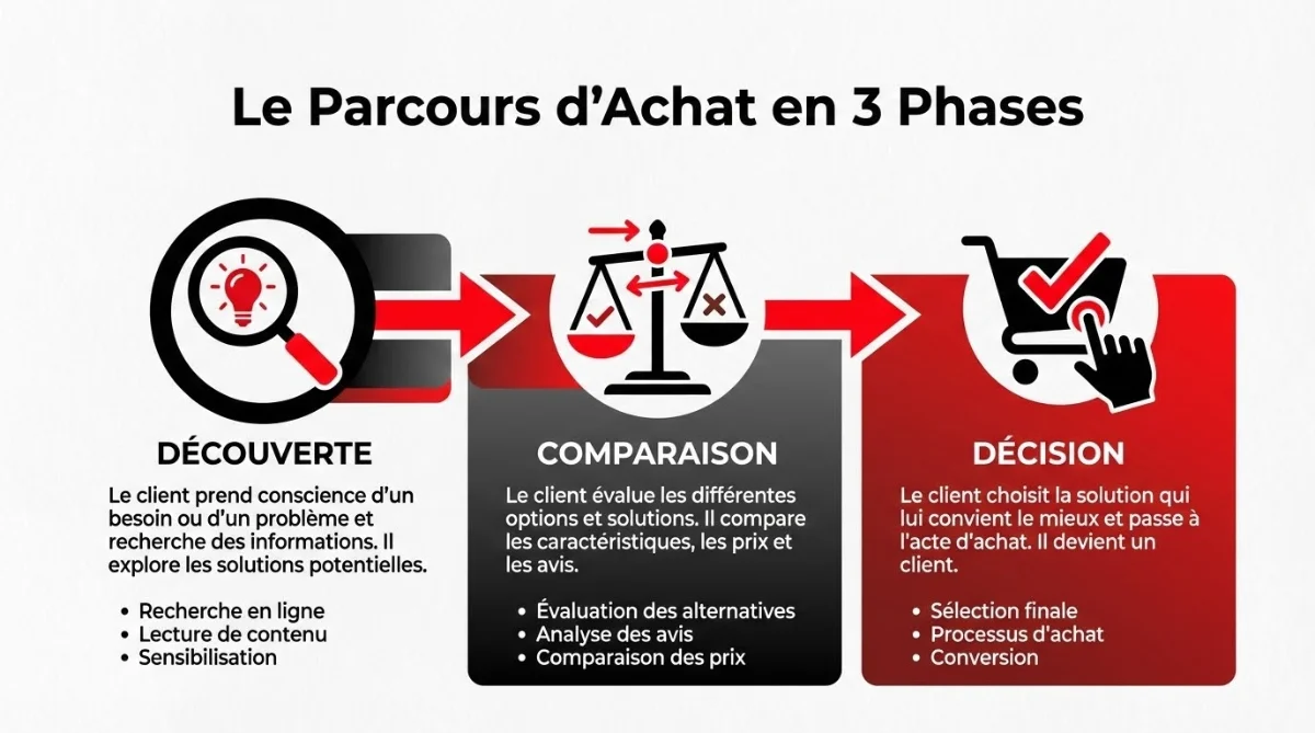 [image : Infographie du parcours d'achat en 3 phases avec icônes représentant la découverte, la comparaison et la décision, palette de couleurs professionnelle]