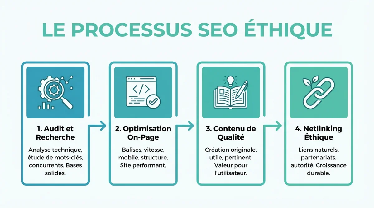 [image : Infographie en quatre étapes représentant le processus SEO éthique, icônes distinctes pour chaque phase, palette de couleurs professionnelle bleu et vert]