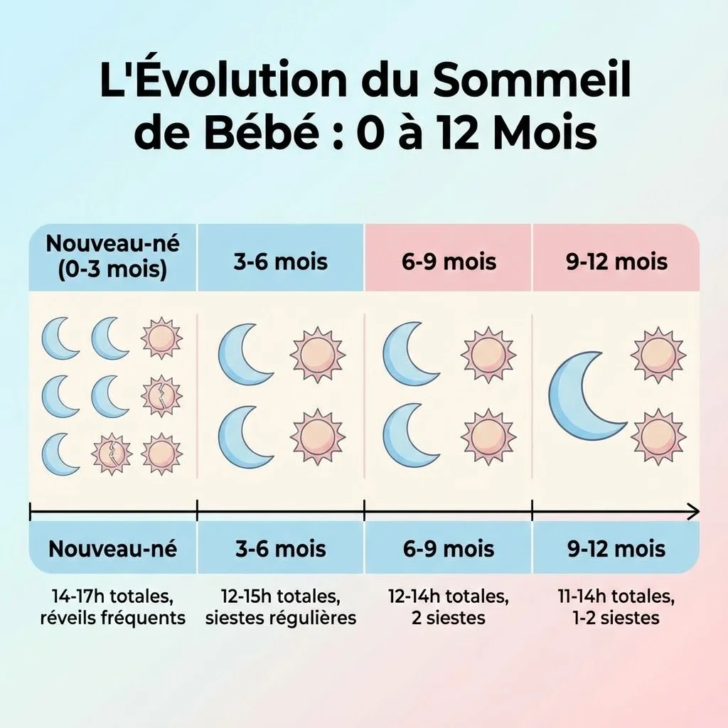 Infographie épurée montrant l'évolution des heures de sommeil par tranche d'âge de 0 à 12 mois, avec des icônés de lunes et de soleils, palette de couleurs douces bleu ciel et rose poudré