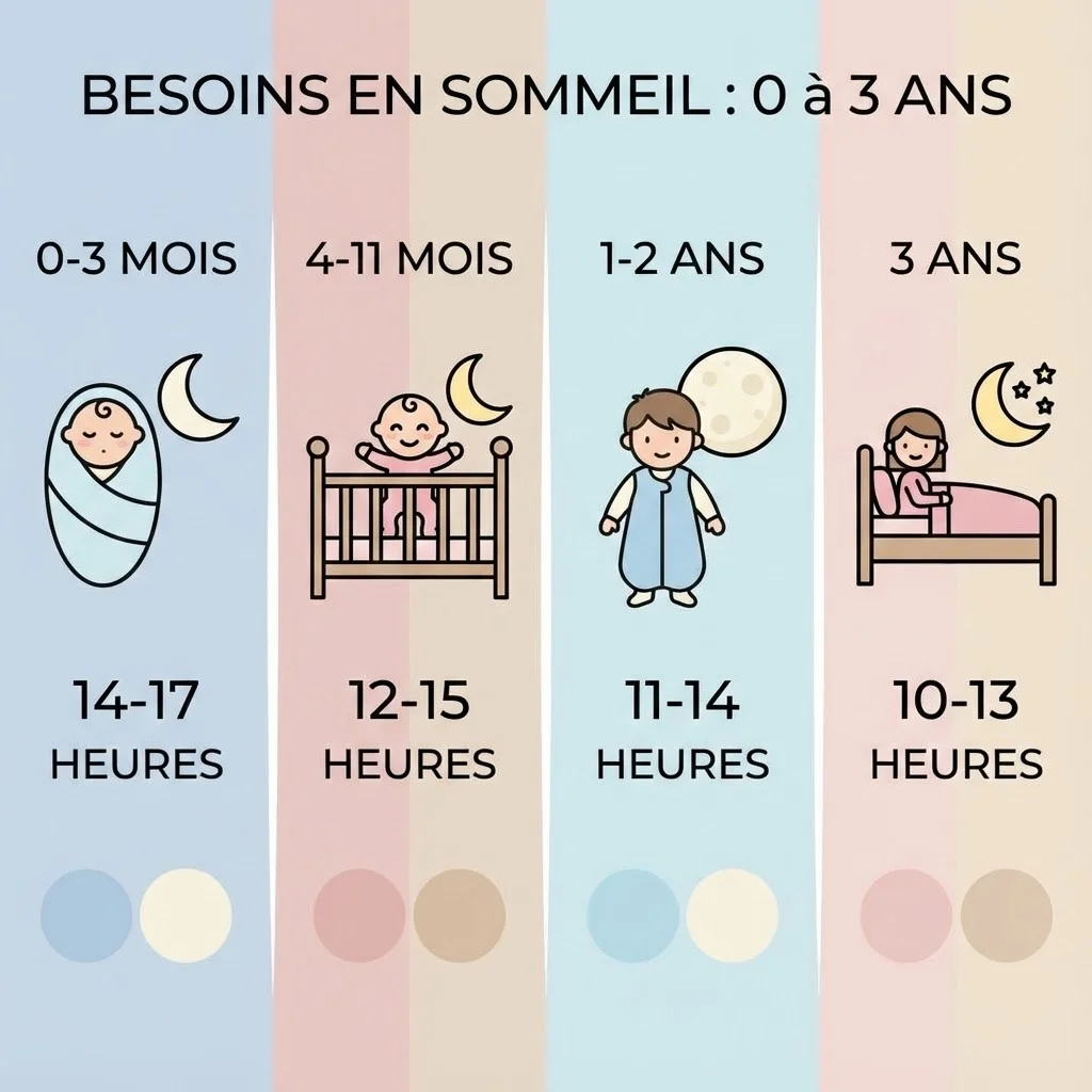 Infographie épurée montrant les besoins en sommeil par tranche d'âge de 0 à 3 ans, avec des icônes de bébés et de lunes, palette de couleurs douces bleu-rose-beige