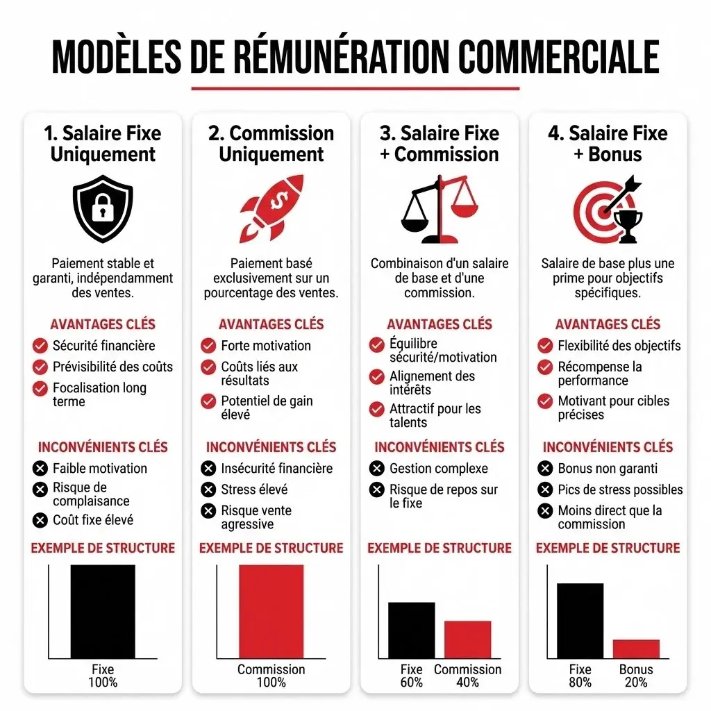 [image : Infographie moderne présentant les différents modèles de rémunération commerciale avec graphiques et icônes, couleurs corporate]