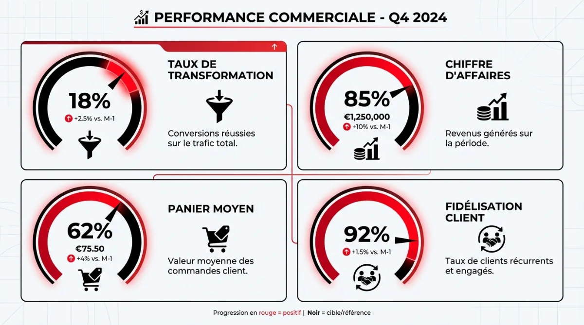 [image : Infographie montrant 4 cadrans de KPI commerciaux - taux de transformation, chiffre d'affaires, panier moyen et fidélisation client - avec des jauges et pourcentages, style corporate épuré]