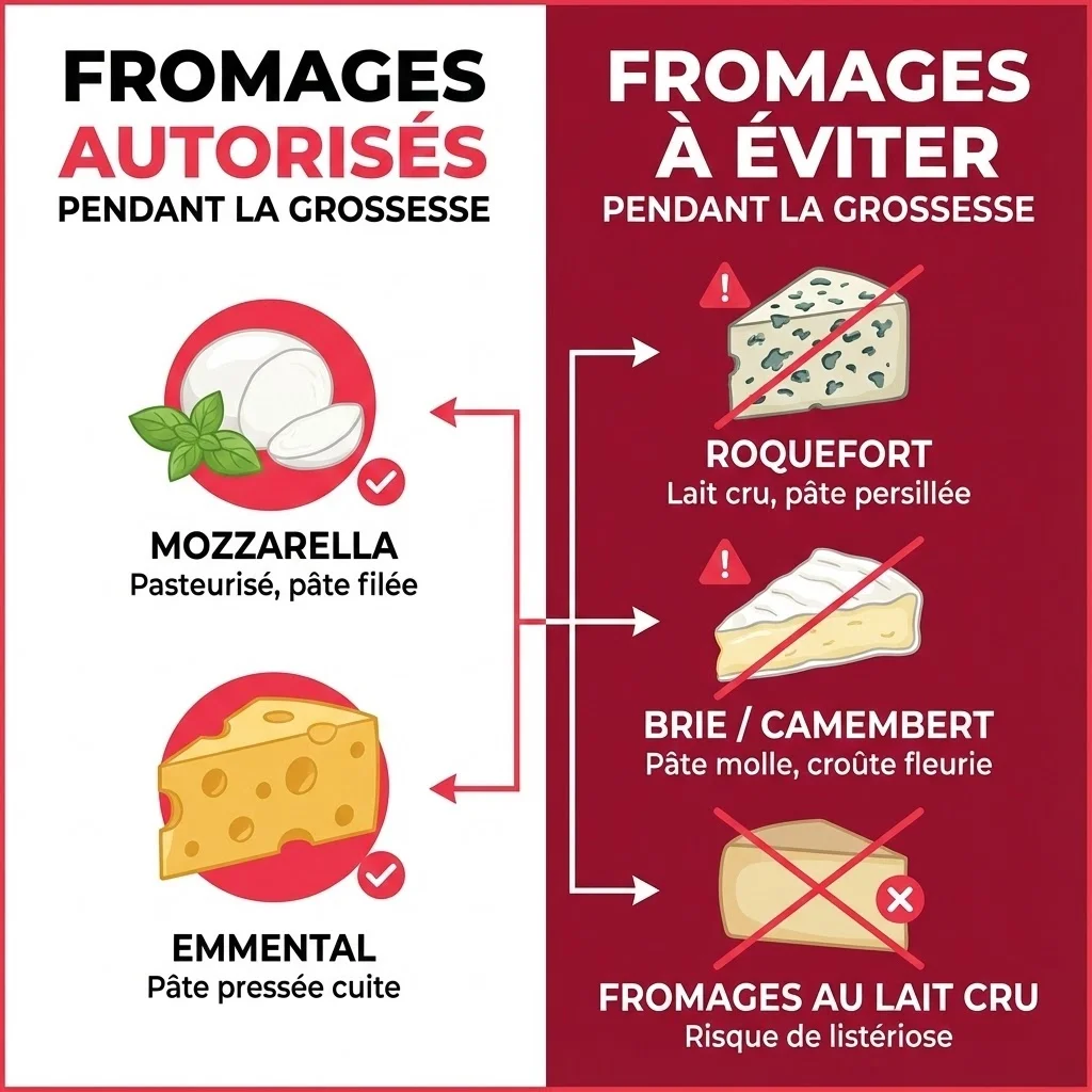 Infographie montrant d'un côté les fromages autorisés (mozzarella, emmental) et de l'autre les fromages à éviter pendant la grossesse