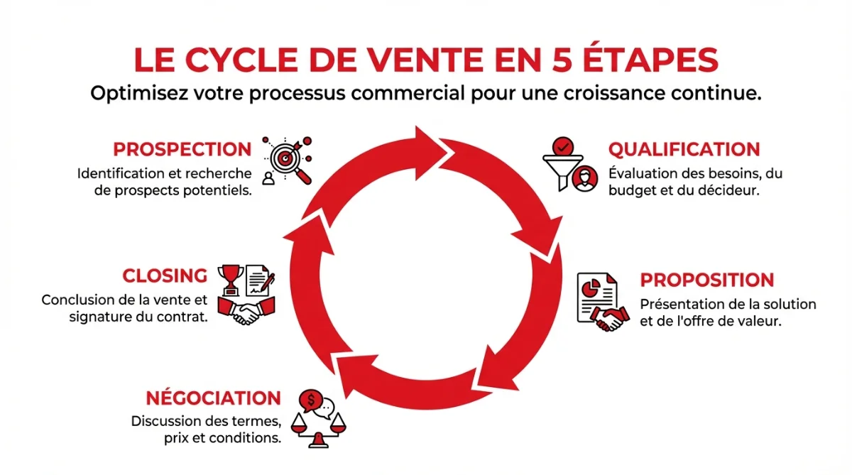 [image : Infographie montrant le cycle de vente en 5 étapes — prospection, qualification, proposition, négociation, closing — avec des flèches circulaires et des icônes, fond blanc et couleurs bleues professionnelles]