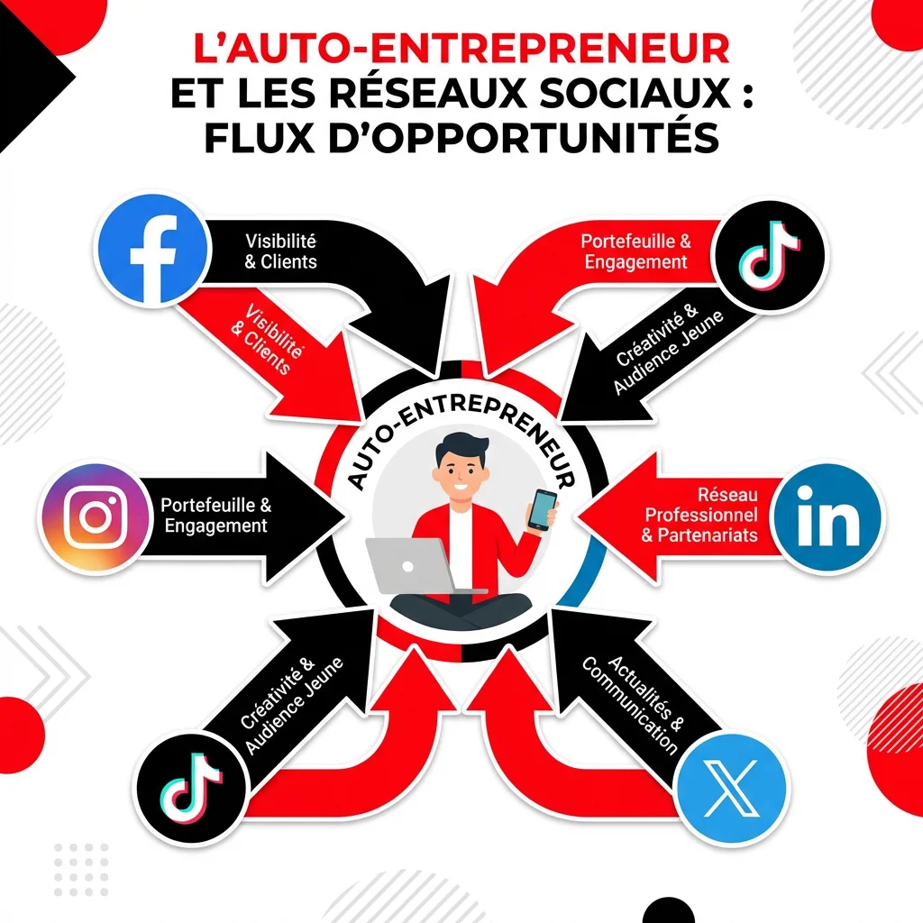 [image : infographie montrant les différents réseaux sociaux (LinkedIn, Instagram, Facebook) avec des icônes et des flèches vers un auto-entrepreneur au centre, style flat design coloré]