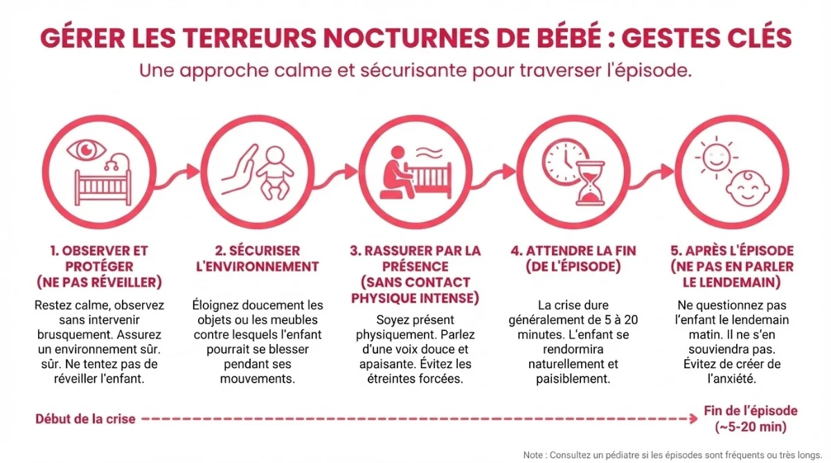 [image : Infographie montrant les gestes à faire pendant une terreur nocturne de bébé - style épuré, couleurs pastel]
