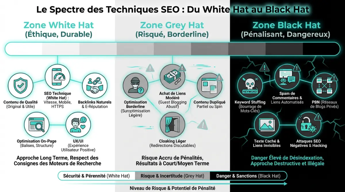 [image : Infographie présentant un spectre de couleurs allant du blanc au noir en passant par le gris, avec des icônes représentant les différentes techniques SEO associées à chaque zone]