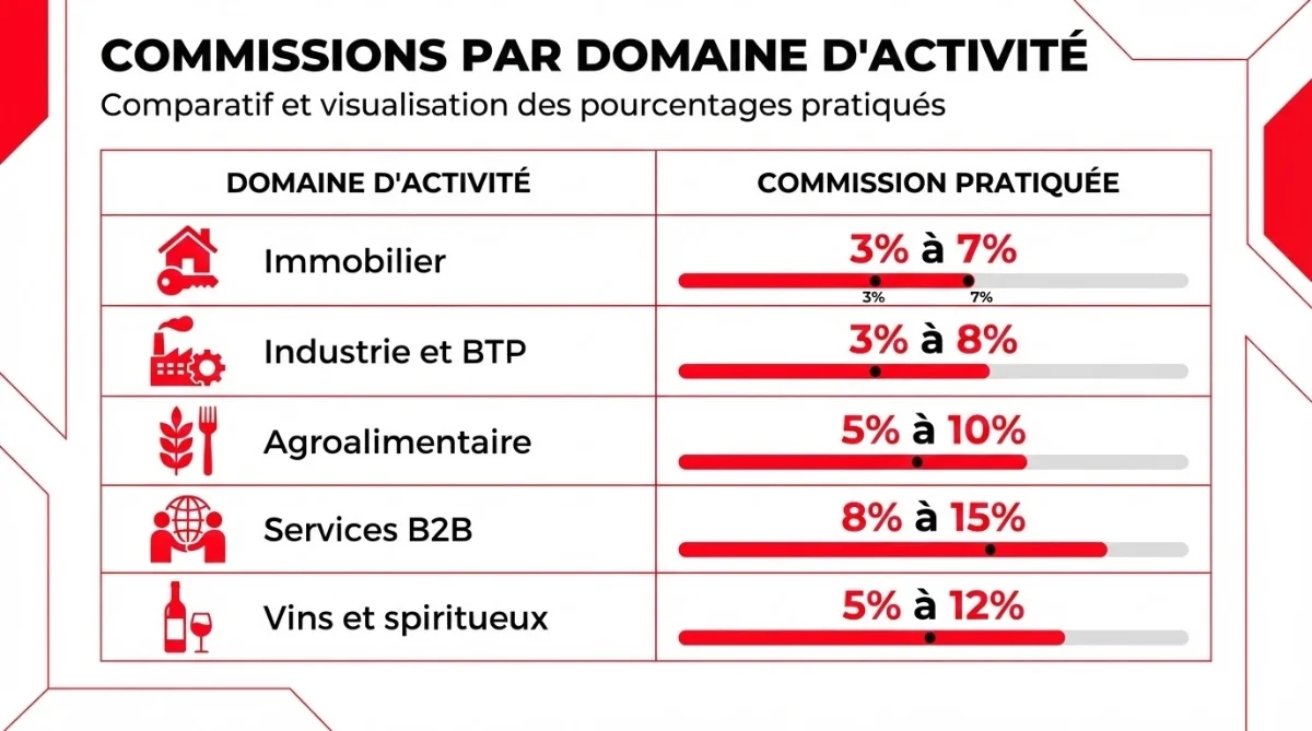 [image : Infographie présentant un tableau comparatif des commissions par domaine d'activité, avec des icônes représentant chaque domaine (immobilier, industrie, agroalimentaire), style graphique professionnel]