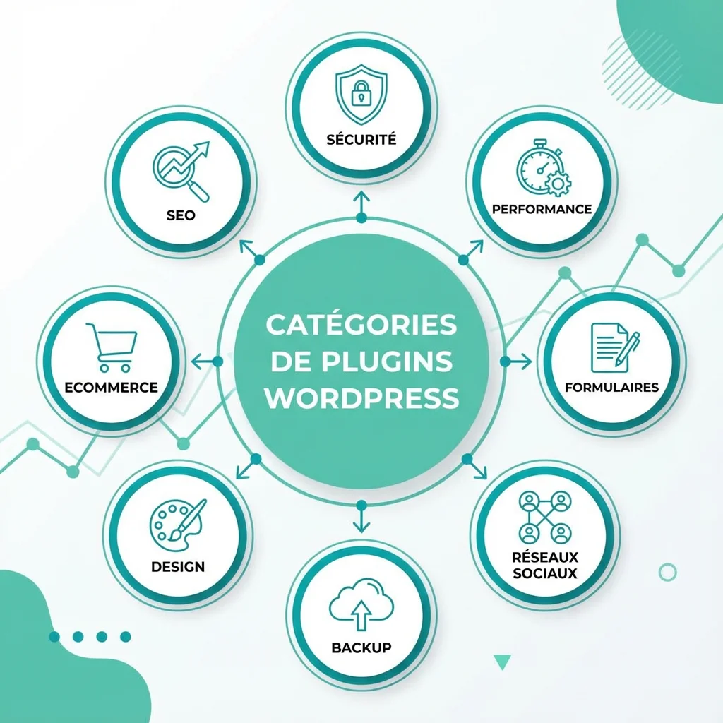[image : Infographie récapitulative présentant les catégories de plugins WordPress avec leurs icônes et noms]