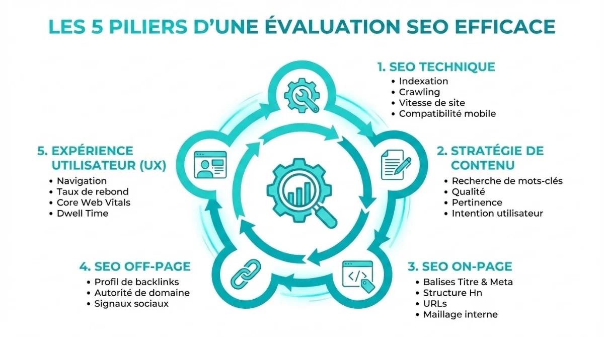[image : Infographie résumant les 5 piliers d'une évaluation SEO efficace avec icônes représentatives, design moderne et professionnel]