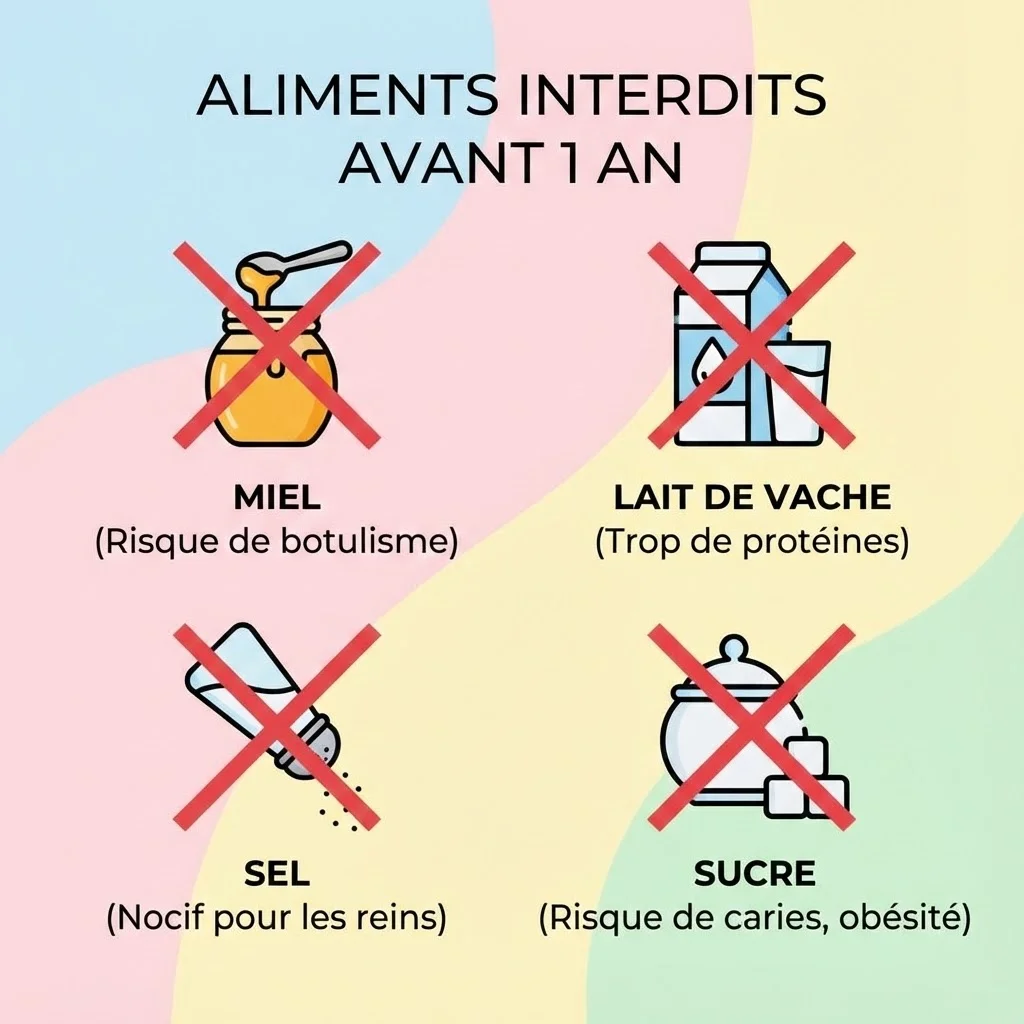 Infographie style moderne montrant les aliments interdits avant 1 an : miel avec croix rouge, lait de vache barré, sel et sucre barrés. Design épuré et informatif, couleurs douces pastels.