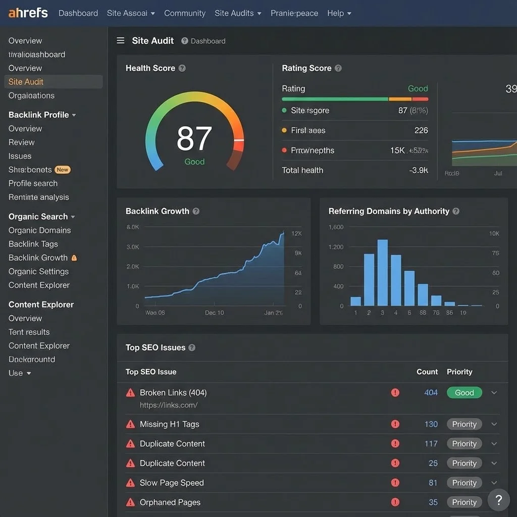 [image : Interface Ahrefs montrant un audit de site avec score de santé, graphiques de backlinks et liste d'erreurs SEO à corriger, design professionnel sombre]