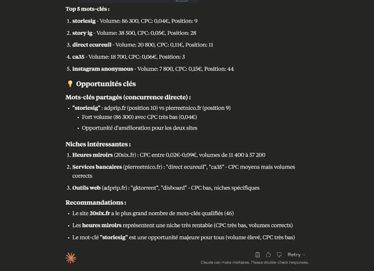 [image : interface Claude Desktop affichant une analyse SEO Haloscan avec graphiques et données, design professionnel avec couleurs web-guru]