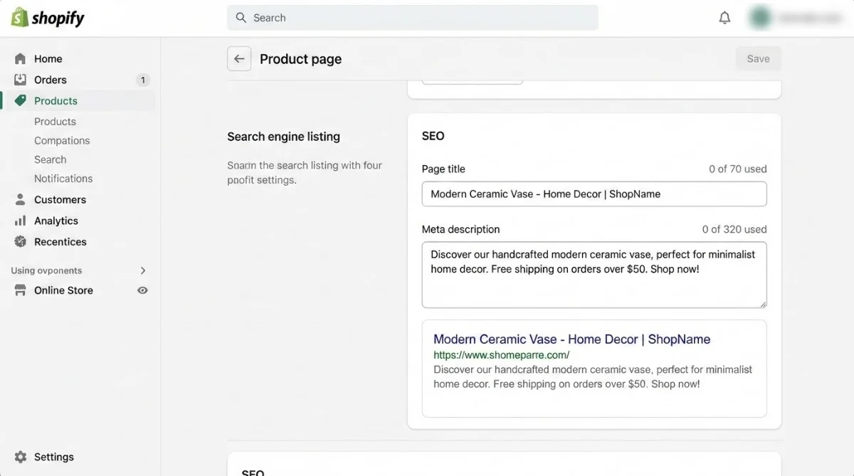 [image : Interface d'administration Shopify montrant les paramètres SEO d'une fiche produit, avec les champs meta title et meta description visibles, style professionnel et moderne sur fond blanc]