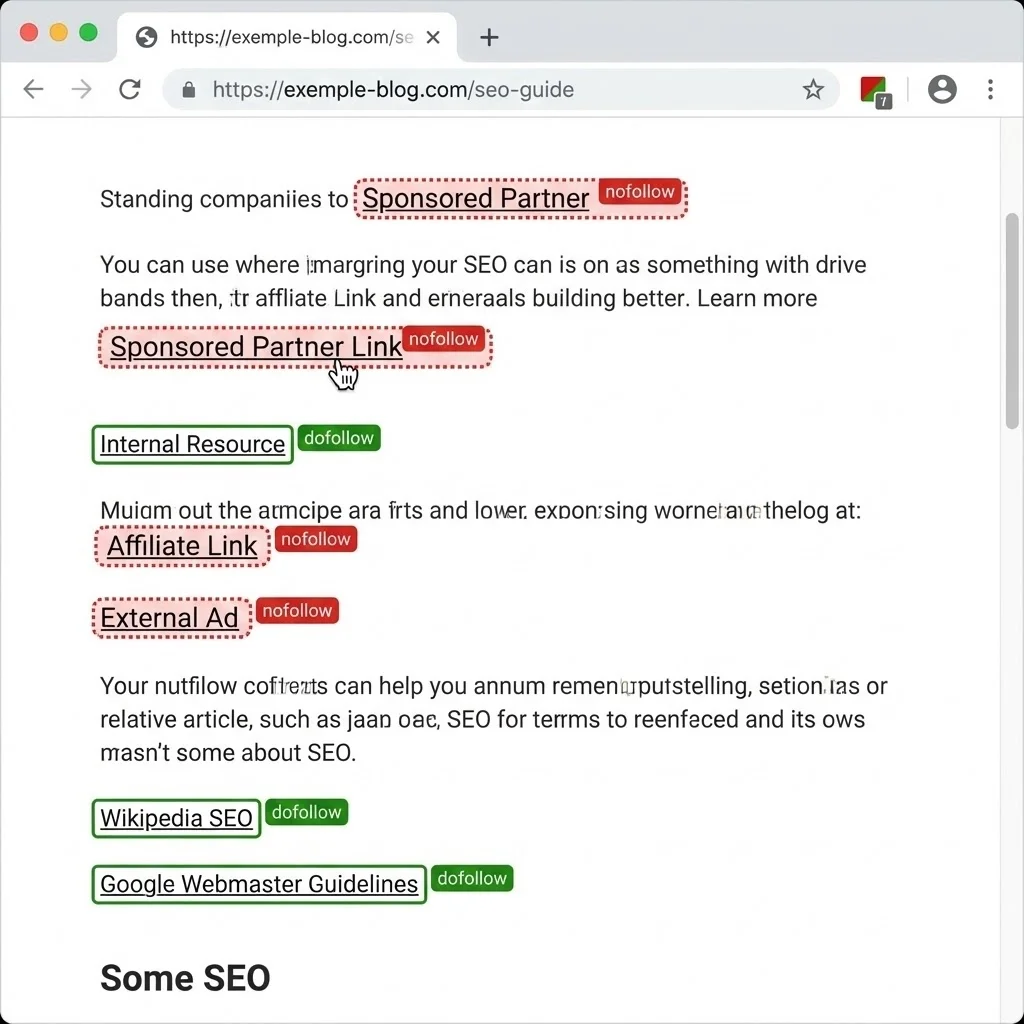 [image : Interface d'une extension NoFollow sur Chrome montrant des liens encadrés en rouge (nofollow) et vert (dofollow) sur une page web, style capture d'écran réaliste]