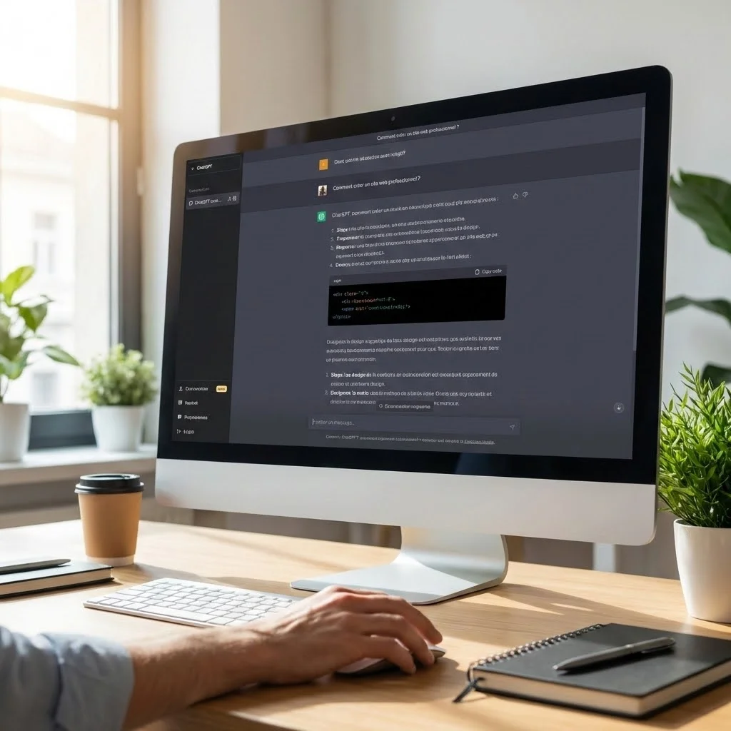 [image : Interface de ChatGPT affichant une conversation sur la création d'un site web, écran d'ordinateur moderne, ambiance bureau, lumière naturelle]