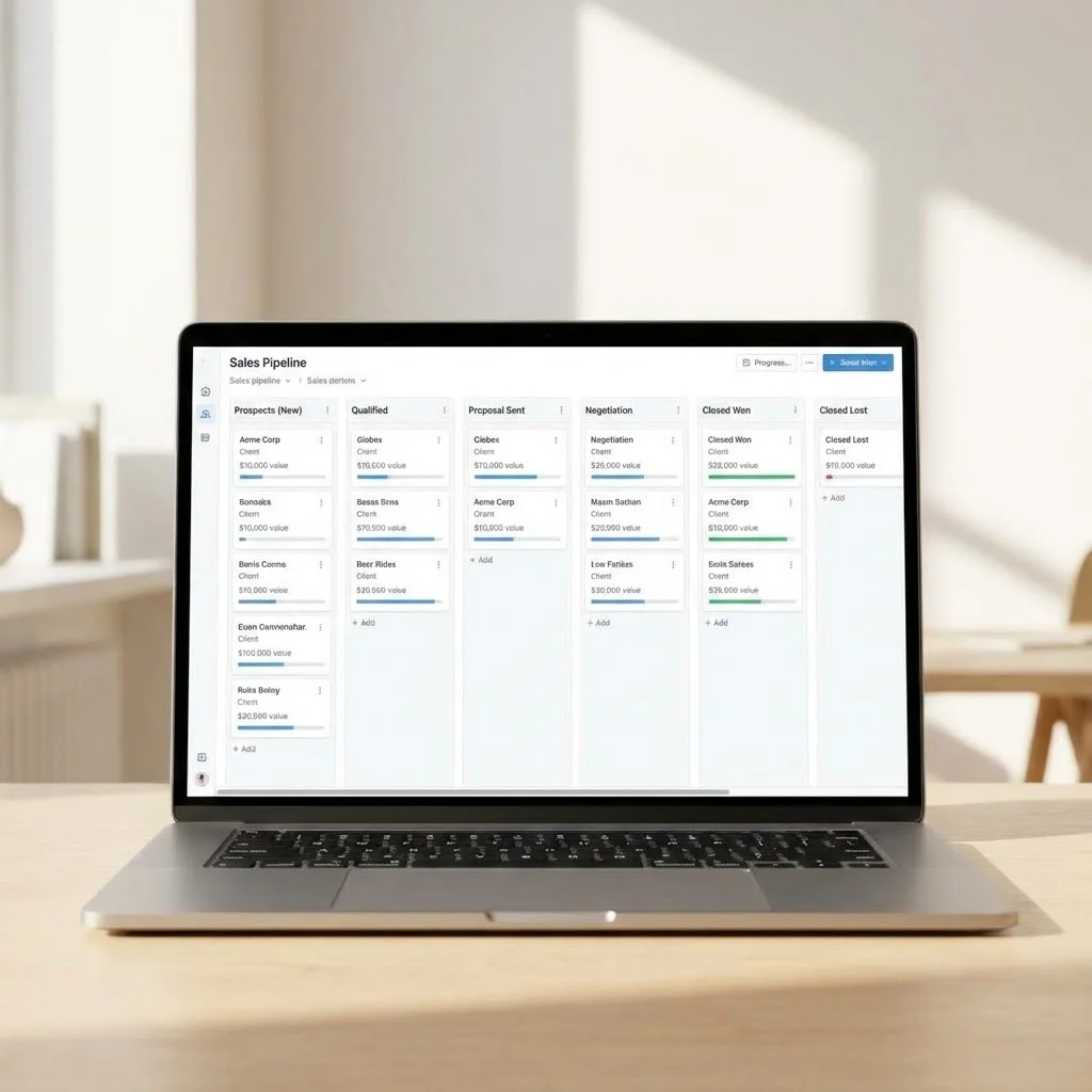 [image : interface de CRM affichant un pipeline commercial avec les différentes étapes du tunnel de vente, design épuré]