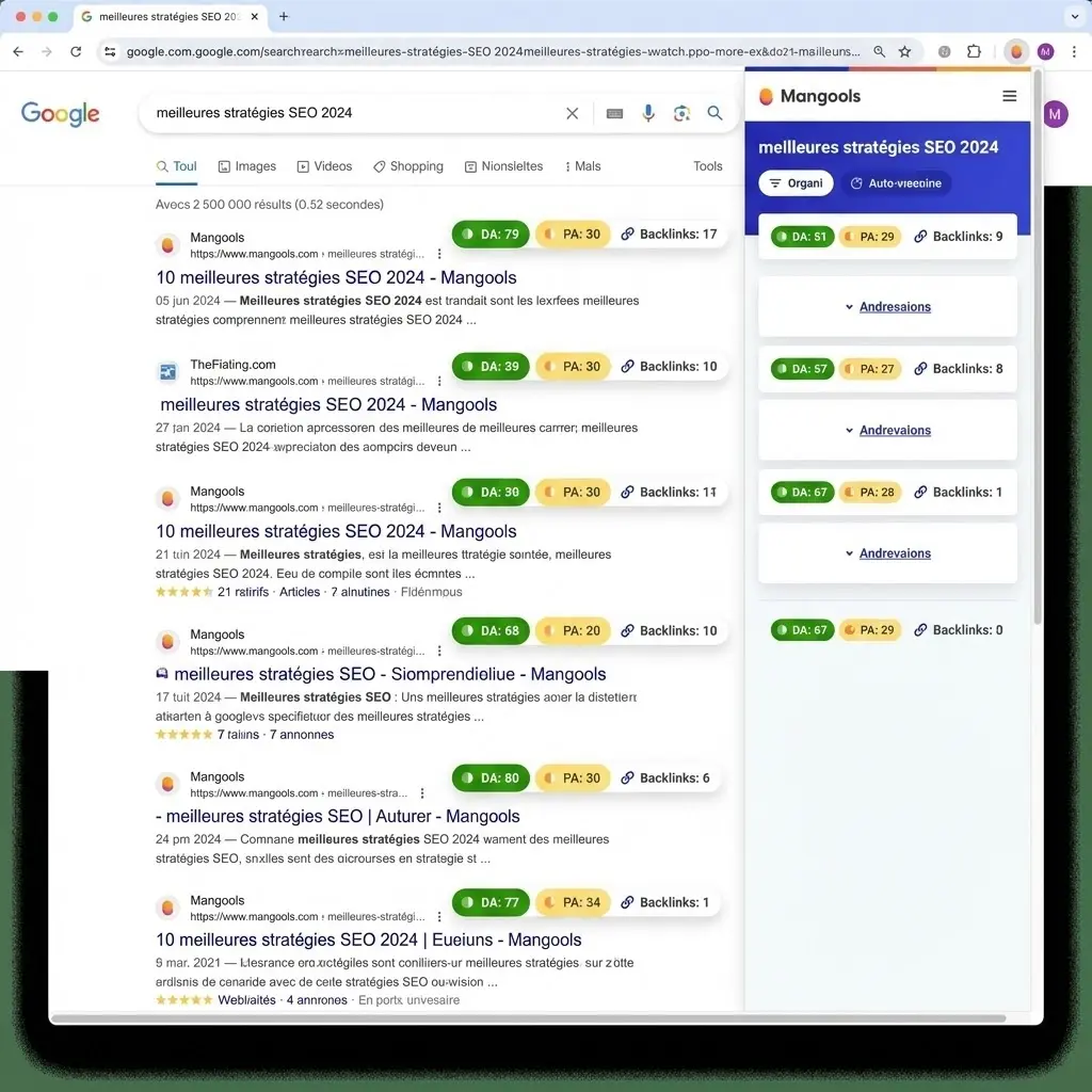 [image : Interface de l'extension Mangools affichée sur une page de résultats Google, montrant les métriques DA, PA et backlinks pour chaque résultat, style capture d'écran professionnelle]