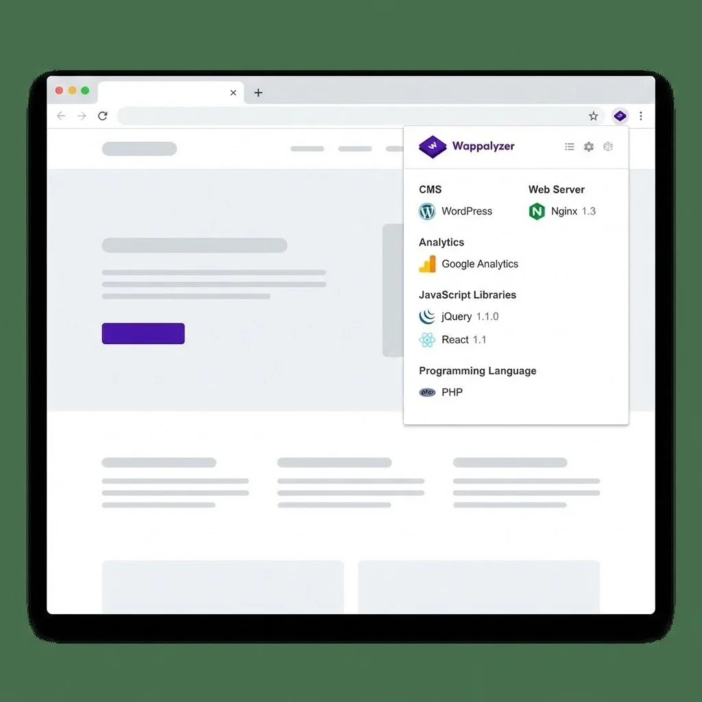 [image : Interface de l'extension Wappalyzer ouverte dans un navigateur, affichant la liste des technologies détectées avec icônes catégorisées - style capture d'écran moderne et épuré]