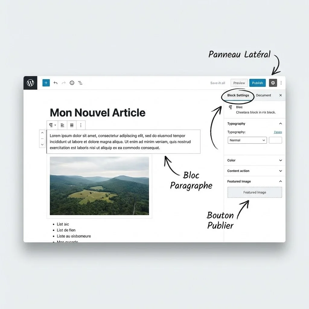 [image : Interface de WordPress avec éditeur Gutenberg, blocs de contenu visibles, panneau latéral ouvert, style capture d'écran moderne avec annotations]