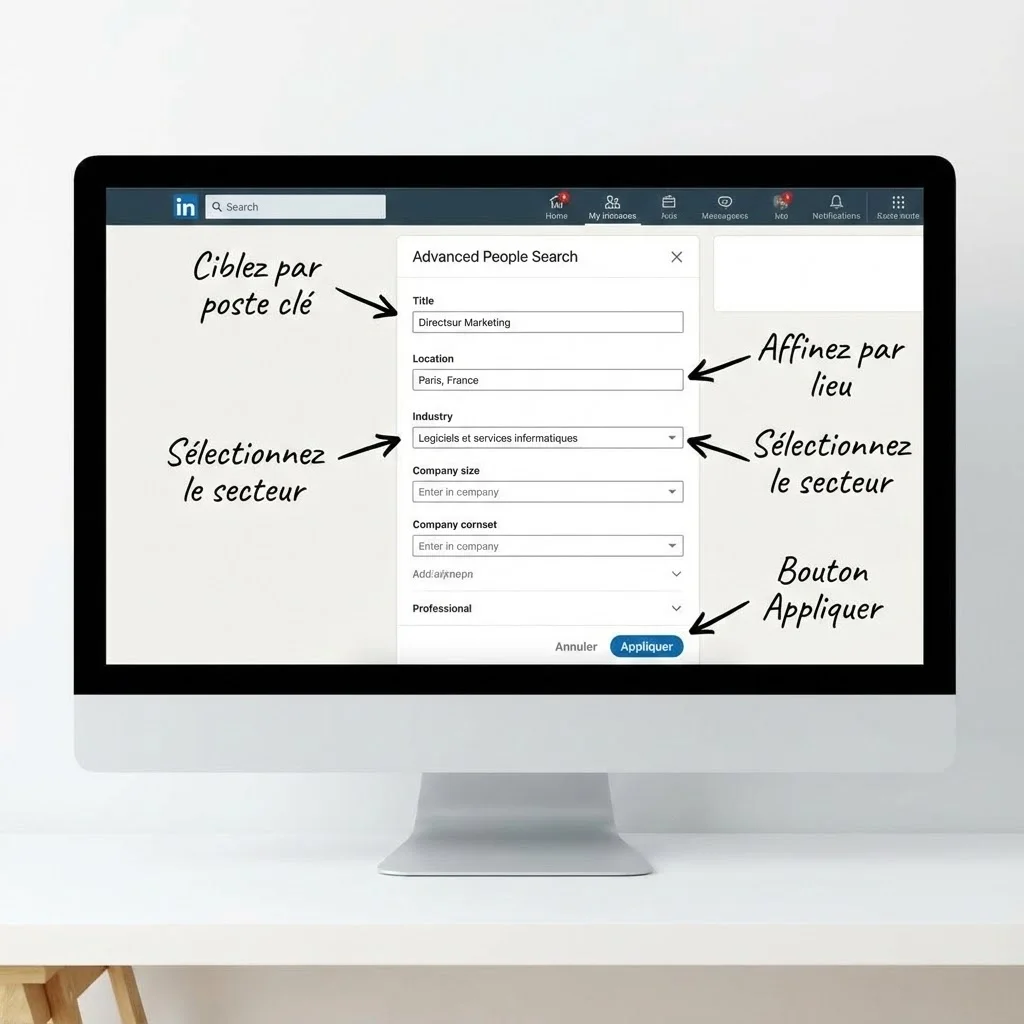 [image : Interface des filtres avancés LinkedIn, écran montrant les différentes options de ciblage (fonction, secteur, localisation), style tutoriel visuel]