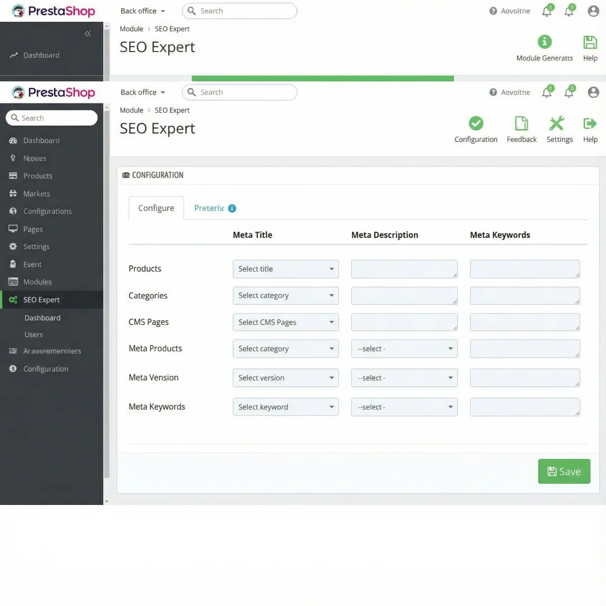 [image : Interface du module SEO Expert PrestaShop montrant le tableau de bord avec les options de configuration des balises meta, sur fond blanc avec des éléments verts caractéristiques de PrestaShop, capture d'écran style professionnel]
