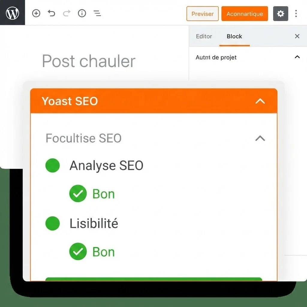 [image : Interface du plugin Yoast SEO dans WordPress montrant l'analyse d'un article avec les indicateurs verts, design épuré sur fond blanc avec accents orange]