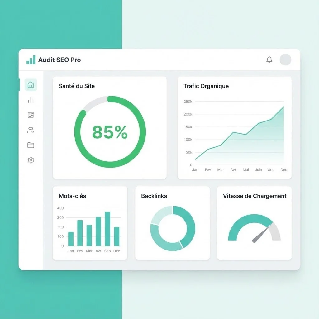 [image : Interface épurée d'un tableau de bord d'audit SEO affichant des métriques de performance avec graphiques colorés, style professionnel et moderne sur fond clair]