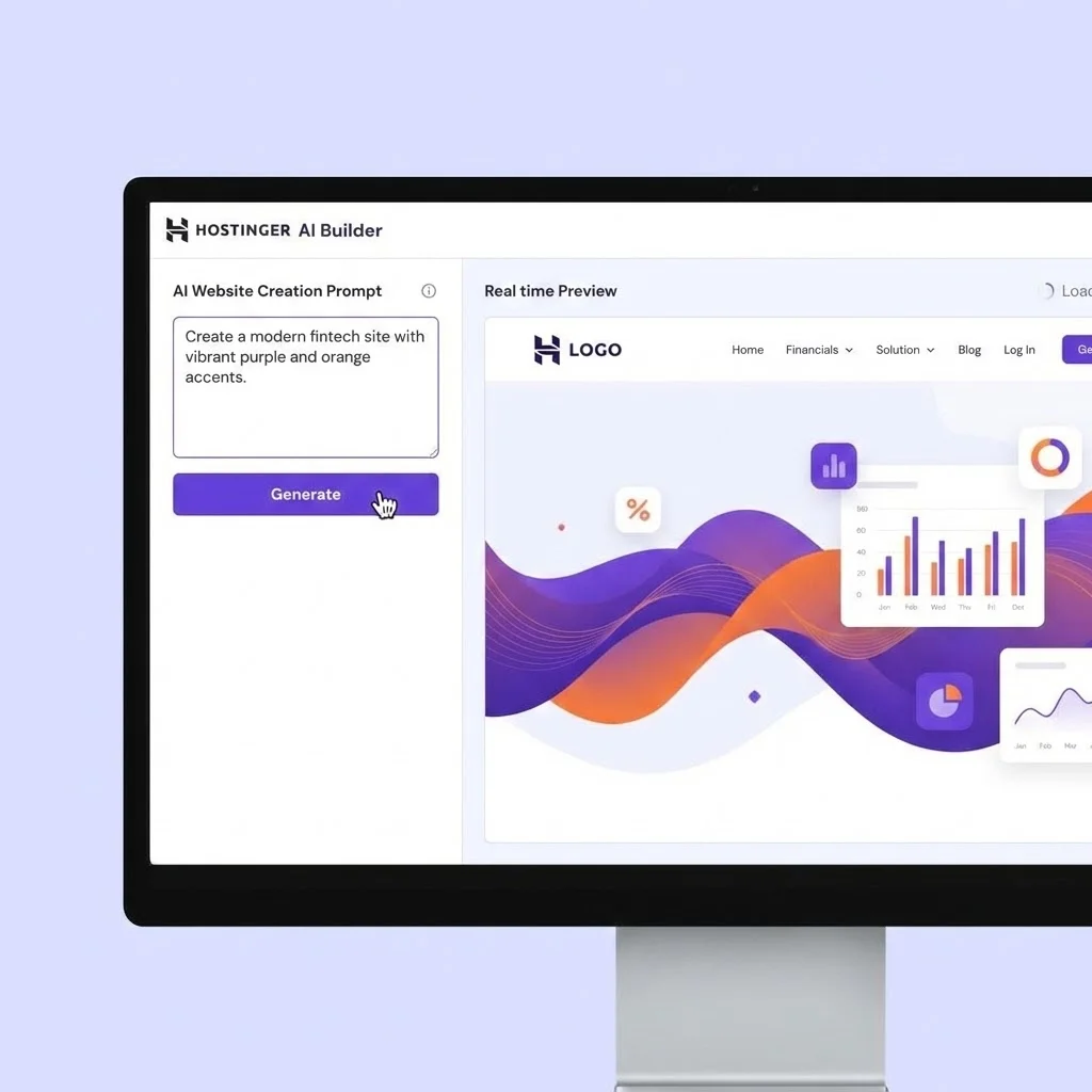 [image : Interface Hostinger AI Builder avec prompt de création, aperçu du site généré en temps réel côté droit, design moderne fintech avec couleurs vives violet et orange, éléments graphiques dynamiques]