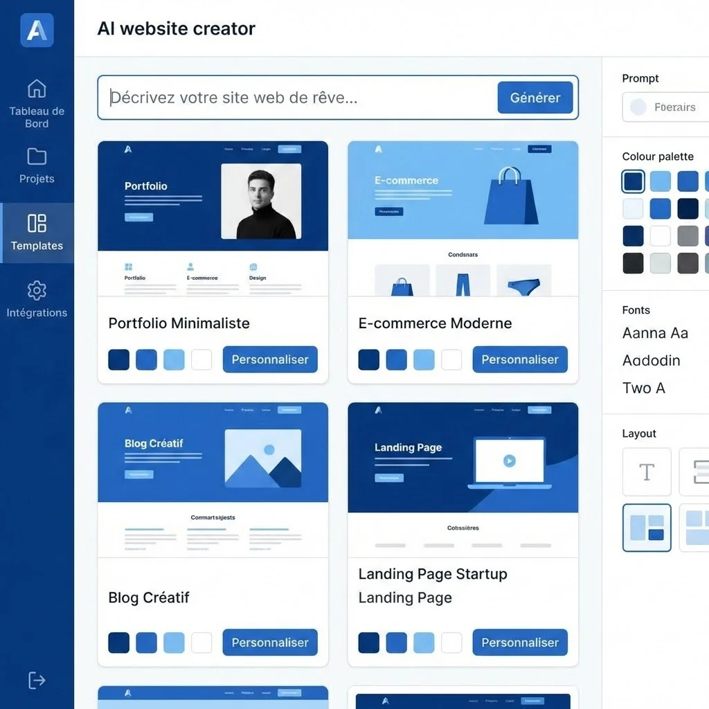 [image : Interface moderne d'un créateur de site web IA avec une barre de prompt en haut, des suggestions de design générées automatiquement en dessous, palette de couleurs professionnelles bleu et blanc, style flat design épuré]