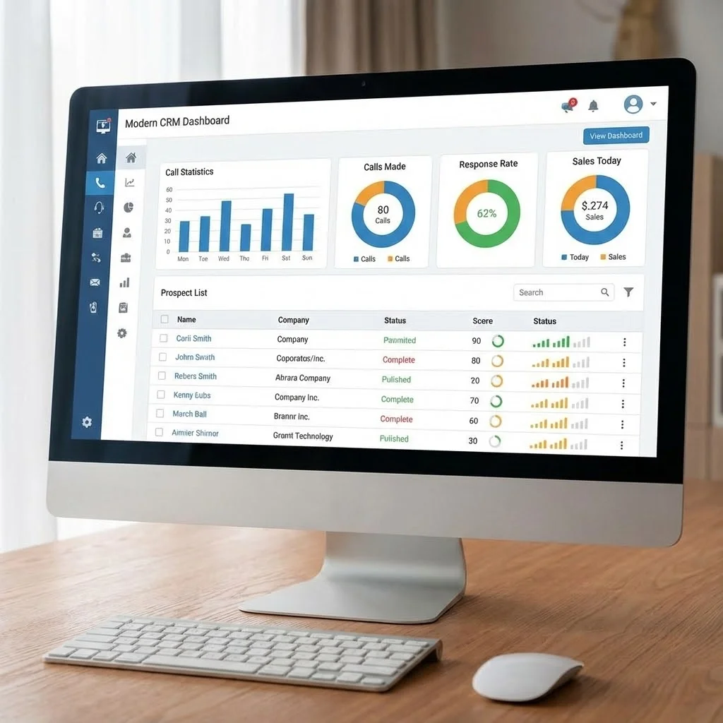[image : Interface moderne d'un logiciel CRM montrant un tableau de bord avec statistiques d'appels et liste de prospects]
