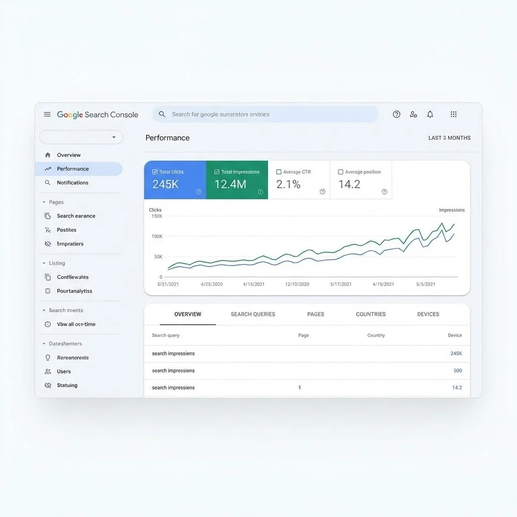 [image : Interface moderne de Google Search Console affichant un tableau de bord avec graphiques de performances, courbes de clics et impressions sur fond blanc épuré, style capture d'écran professionnelle]