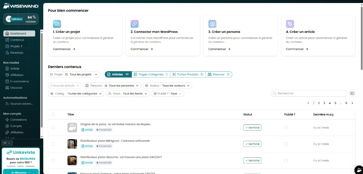[image : Interface moderne de Wisewand montrant le tableau de bord avec les différents modes de rédaction, design épuré aux couleurs bleu et blanc, captures d'écran de l'éditeur de contenu IA]