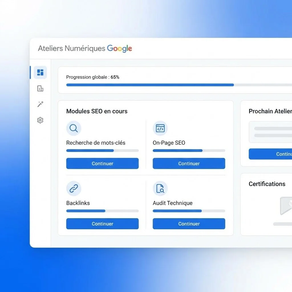 [image : Interface moderne des Ateliers Numériques Google avec tableau de bord de formation, icônes de modules SEO et barre de progression - style professionnel épuré sur fond blanc et bleu]