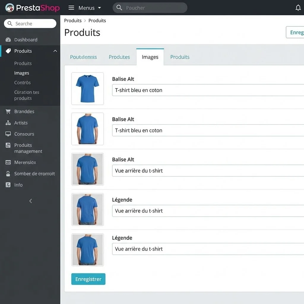 [image : interface PrestaShop pour éditer les attributs alt des images produits]