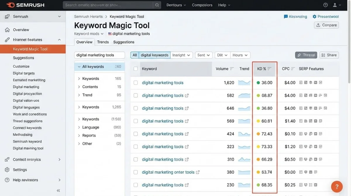 [image : Interface Semrush avec tableau de suggestions de mots-clés et scores de difficulté - style screenshot professionnel]