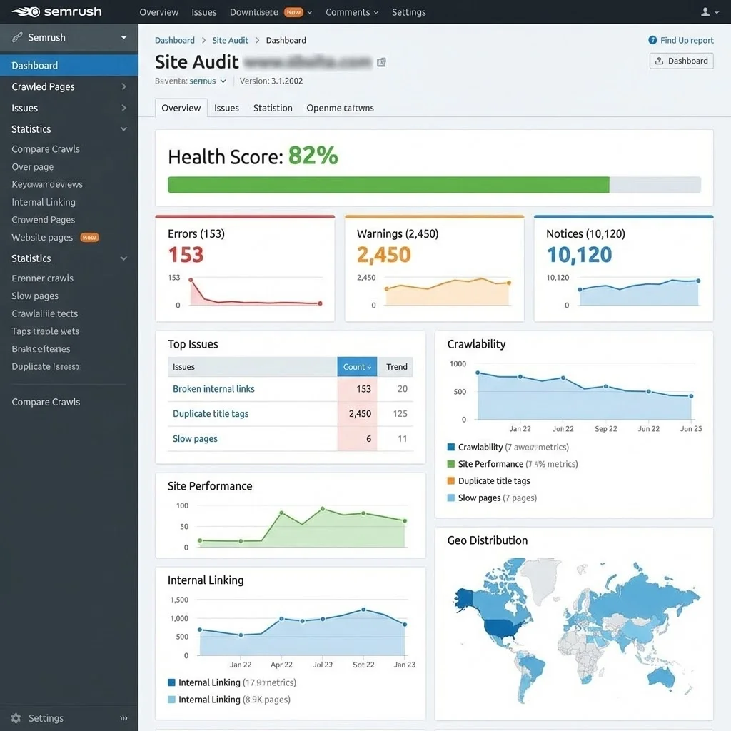 [image : Interface Semrush ou Ahrefs montrant un rapport d'audit SEO complet avec métriques et graphiques professionnels]