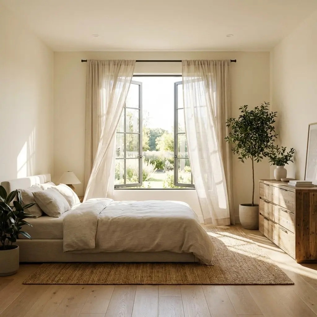 Intérieur de chambre lumineuse et aérée le matin, fenêtre ouverte avec rideaux légers, décoration moderne aux tons neutres