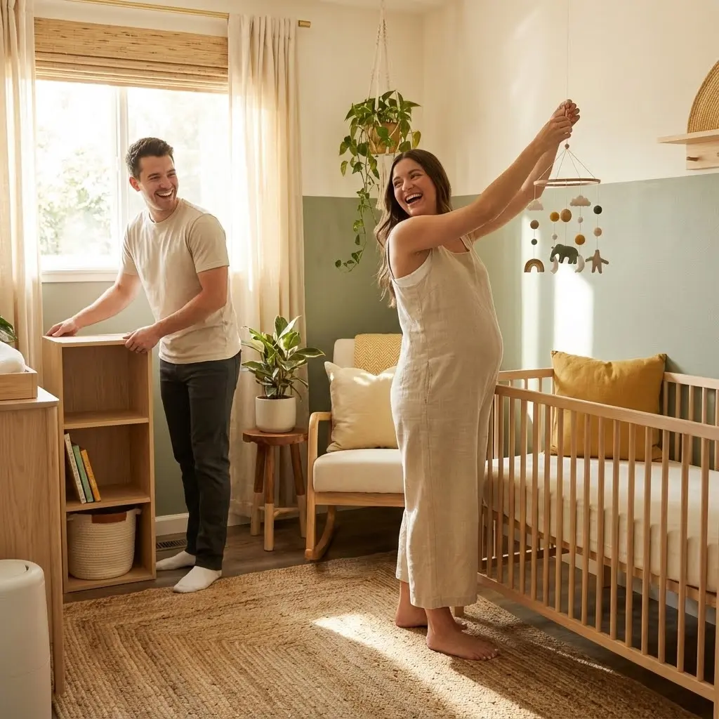 Jeune couple de parents préparant ensemble la chambre de bébé, ambiance chaleureuse