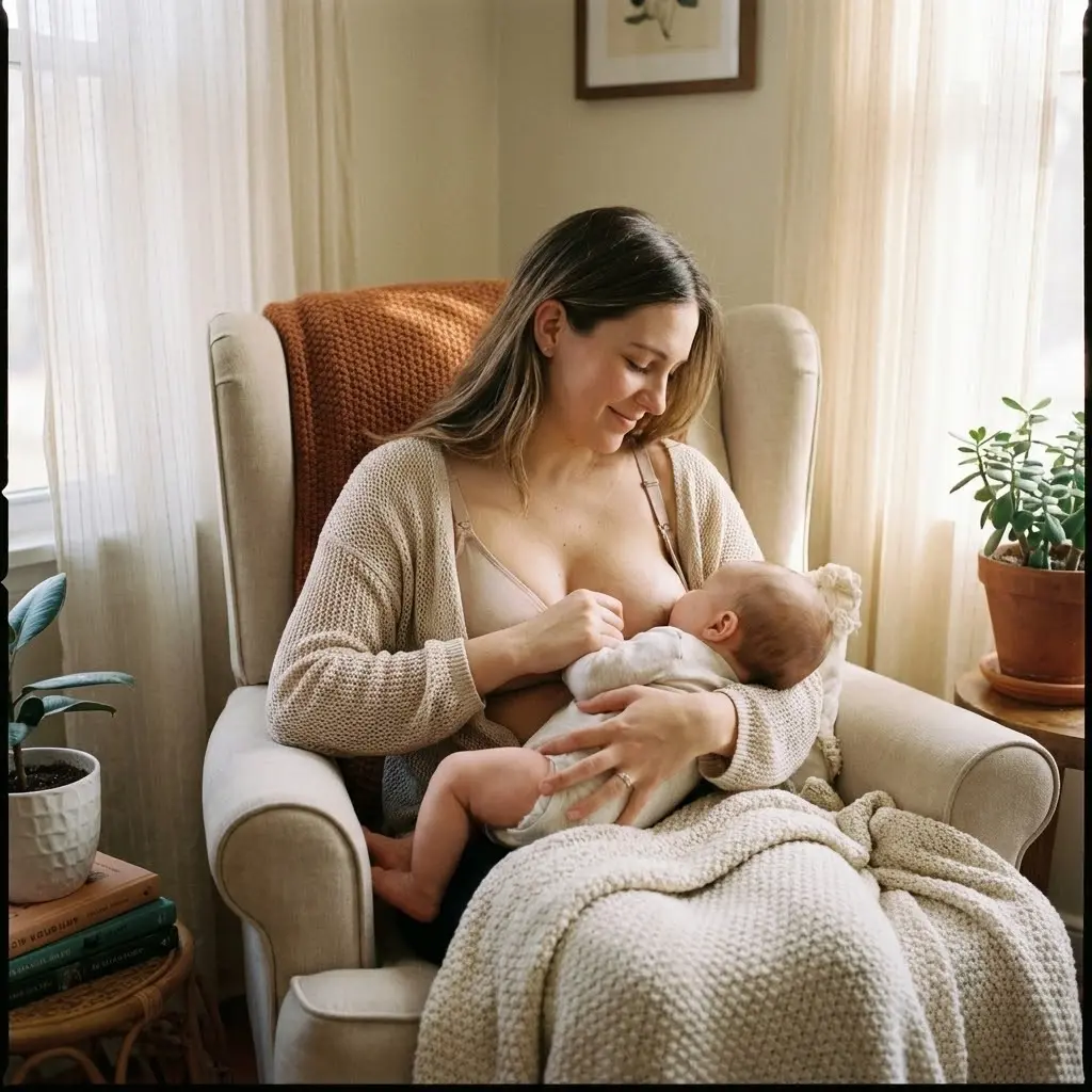Jeune maman allaitant son bébé confortablement installée dans un fauteuil, portant un soutien-gorge d'allaitement discret sous un haut loose, ambiance chaleureuse et intime, lumière naturelle tamisée
