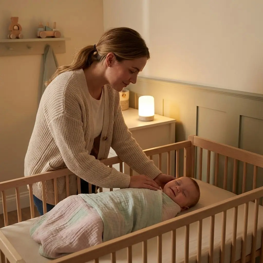 Jeune maman bienveillante vérifiant son bébé endormi paisiblement dans son lit à barreaux, lumière tamisée de veilleuse, atmosphère sereine