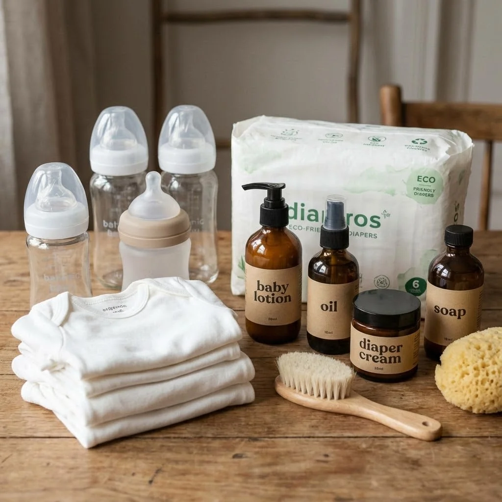 Kit de puériculture : biberons, bodies blancs pliés, couches, produits de toilette naturels