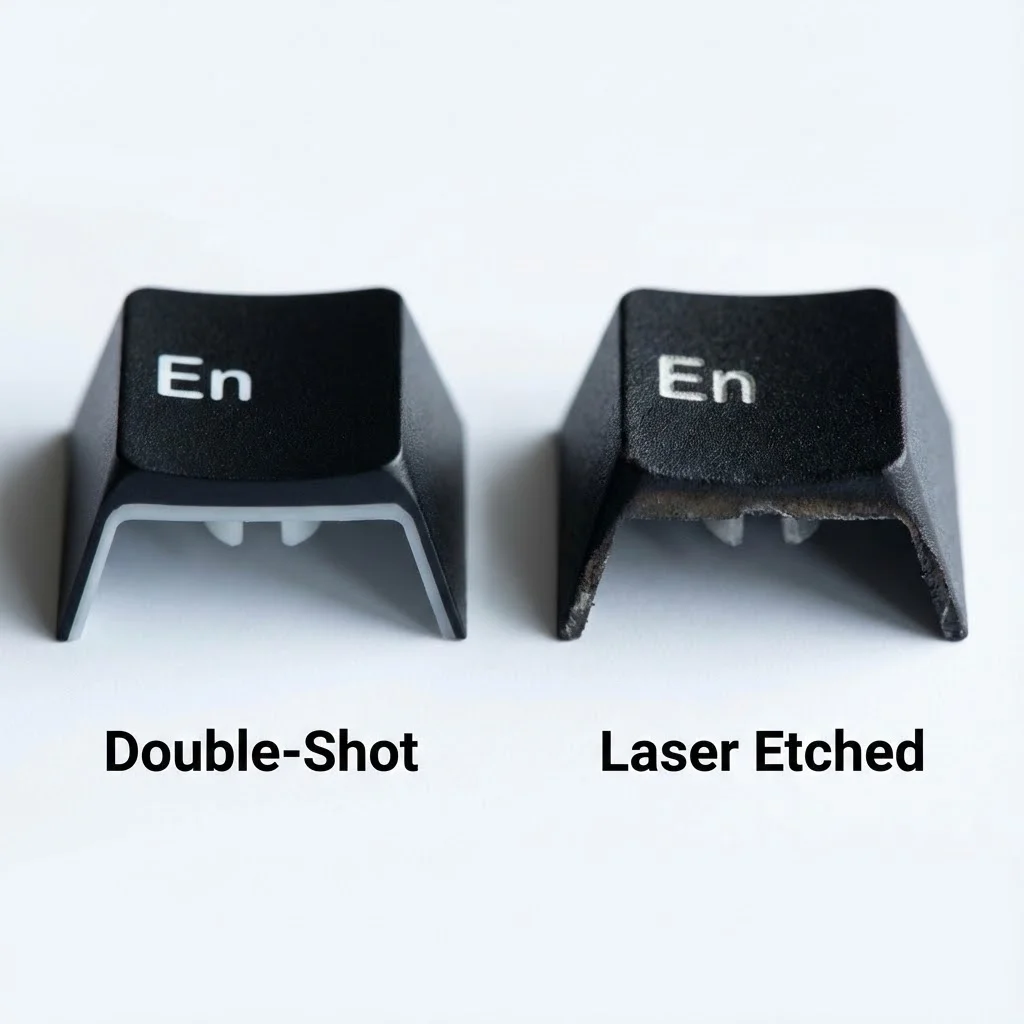 [image : macro photo montrant la différence entre légendes double-shot et gravure laser]