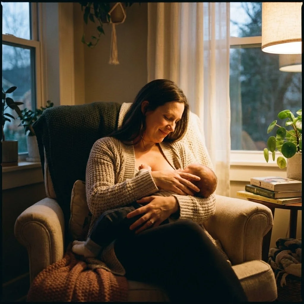 Maman allaitant paisiblement son bébé dans un fauteuil confortable, lumière tamisée du soir. Moment intime et tendre capturé avec délicatesse. Style portrait émotionnel et chaleureux.
